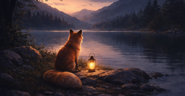 Red fox sitting beside a lantern at the edge of a quiet lake at dusk, facing distant mountains in soft evening light.