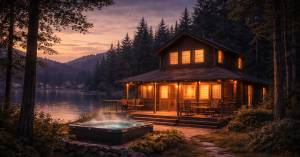 Two-story lakeside cabin at dusk with warm lights glowing, a hot tub on the deck, and forest surrounding the water in soft twilight.